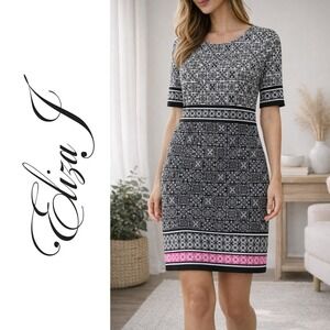 Eliza J, Black White Pink Floral Medallion Tile Print Sheath Dress Size 6